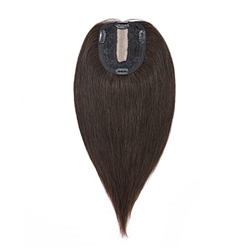 SEGO 130% Density Hair Topper No Bangs Silk Base Human Hair Top Hair Pieces Crown Topper Clip in Hair Toppers for Slight Hair Loss Thinning Hair Cover Gray Hair -12 Inch #2 Dark Brown