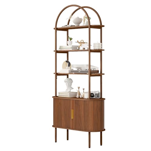 71' Tall Fluted Arched Bookshelf with Sliding Tambour Doors, Mid Century Modern Metal Curved Bookshelf Cabinet with Storage, 4-Tier Open Display Storage Shelf for Home Office, Living Room (Walnut)