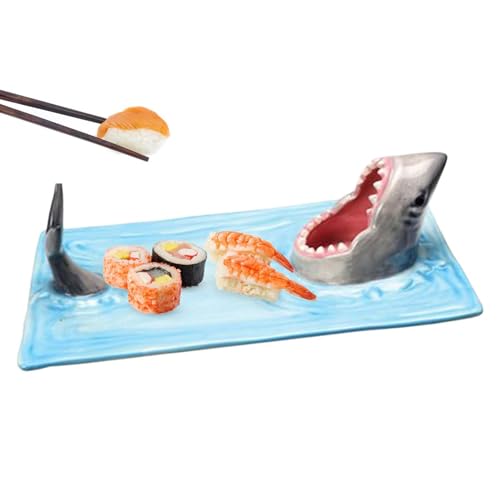 Mwqpgyh Assiette à sushi requin, assiette à sushi en céramique en forme de requin, plateau de service en céramique peinte à la main, assiette à sushi en céramique Shark Attack, plateau à sushi en