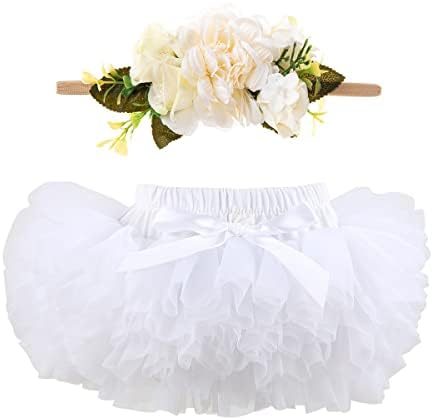 HOOLCHEAN Infant Toddler Baby Girls Super Soft Fluffy Tutu Skirt and Headband Set with Diaper Cover Bloomer White, 0-6 Months
