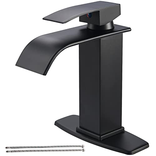 PBOFHS Black Waterfall Spout Bathroom Faucet, Single Handle Bathroom Sink Faucet, Deck Mount Mixer Tap, Lavatory Vanity Sink Faucet with Deck Plate, Solid Brass, Matt Black, 1 or 3 Hole