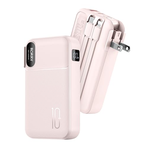 RORRY Portable Charger Built in Cables, AC Wall Plug in Portable Charger Power Bank 10000mAh Travel Battery Pack 22.5W Fast Charging for iPhone 17/16/15 Samsung Galaxy S24/S23/S22 Pixel LG iPad, Pink