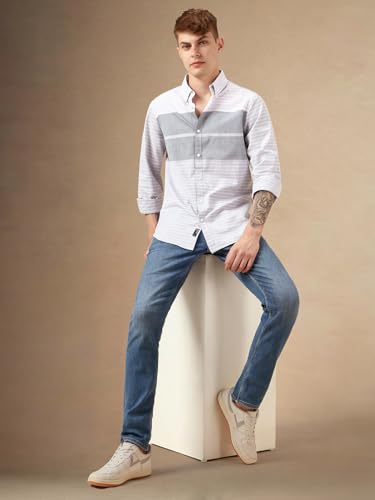 Image of Dennis Lingo Men Blue 100% Cotton Full Sleeve Button Down Collar Stripes Shirts