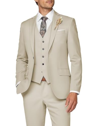 Wangyue 3 Piece Suits for Men Slim Fit Beige Suit Wedding Prom Tuxedo for Men Dinner Party Suits