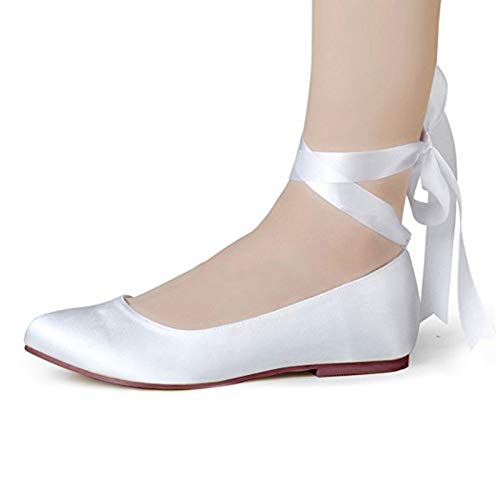 Women Flat Bridal Shoes Satin Ribbon Ballet Pumps Lace Up Closed Toe Wedding Prom Shoes4