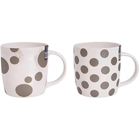 Set of 2 Beige & White Polka Spots 300ml New Bone China Tea Coffee Cup Mug (White with Grey Dots) Cover