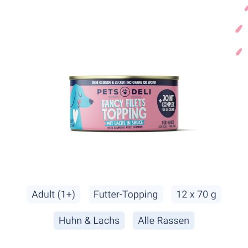 Pets Deli Topping für Hunde mit Huhn & Lachs in Sauce, 12x70g