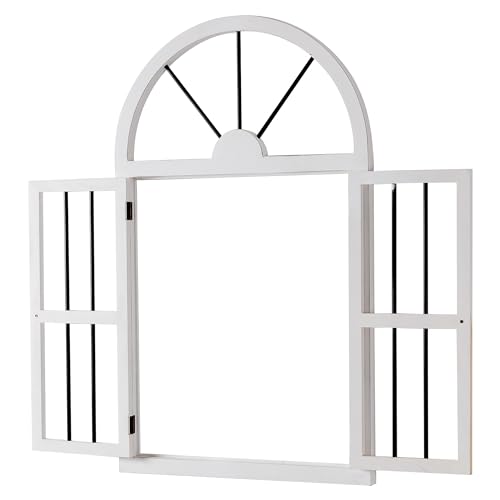 Sintosin Rustic Arched Window Frame Wall Decor with Shutters 25 x 42 Inch, Hanging Distressed White Window Pane Wall Decor, Farmhouse Faux Windows for Walls, Wood and Metal Cathedral Wall Art
