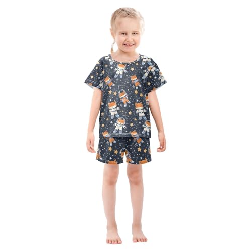 ALAZA Astronaut Fox Star Black Pajamas Set Short Sleeve Cotton Sleepwear Summer Pjs 2 Piece 5-14Y3