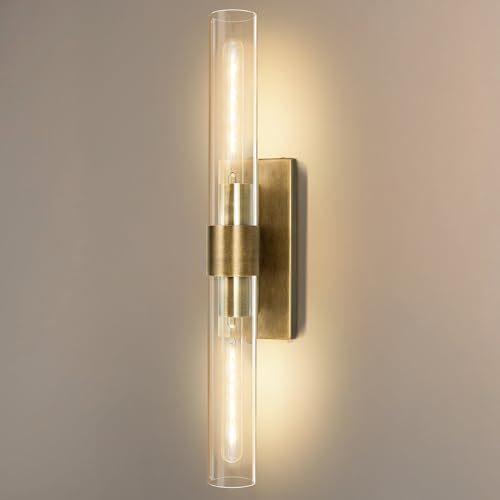 Image of Brass Bathroom Vanity Wall Sconces, 2-Light Glass Tube Wall Sconces, 22.8 inch Horizontal or Vertical Linear Wall Sconces, Gold Vanity Light, Indoor Wall Sconces, E26 Bulb Included
