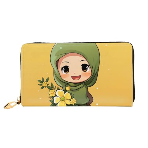 Leather Wallet for Women Men Bifold Wallet Ultra Slim Credit Card Holder Cartoon Muslim Girl Ladies Clutch Purse