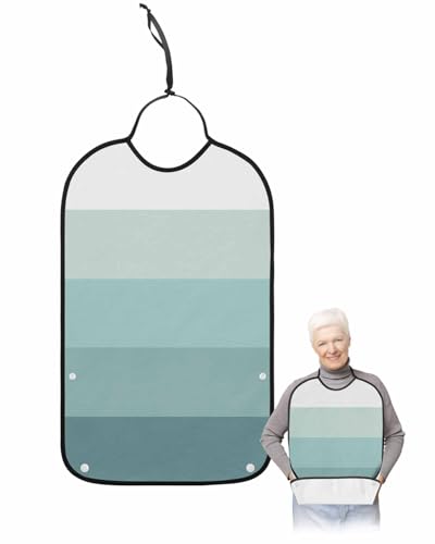 LEOKOTI Teal Ombre Adult Bibs for Eating, Waterproof Bibs with Food Catcher & Adjustable Snap Closure, Modern Abstract Art Farmhouse Striped Washable Clothing Protectors Adult Bibs for Elderly