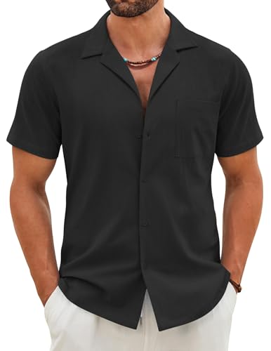 COOFANDY Cuban Collar Shirt for Men Wrinkle Free Short Sleeve Button Down Casual Shirts Summer Beach Holiday Shirts with Pocket Black