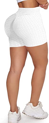 Memoryee Mujeres Leggings Pantalones Cortos de Yoga de Cintura Alta Plisados con Panal de Abeja para Gimnasio Levantamiento de glúteos Calientes Ejercicio Control Mallas/White/L