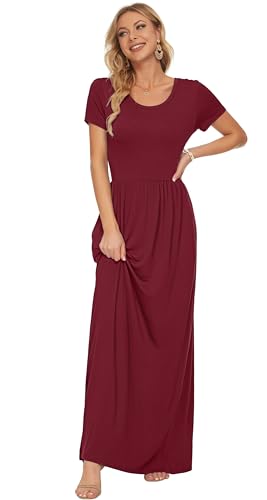 Image of AUSELILY Women's Summer Short Sleeve Loose Plain Casual Long Maxi Dresses | Year Round wear solid floral print, Casual wear, Empire waist, Floor length, Side pockets