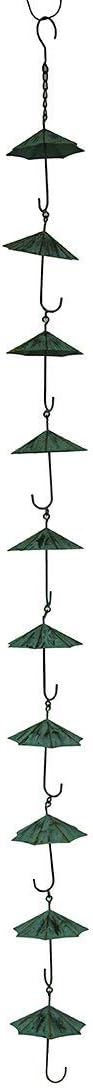 Teal Verdigris Metal Umbrella Rain Chain, 61 Inch Hanging Outdoor Water Diverter for Downspouts, Gutter Decoration and Garden Patio Yard Decor, Decorative Downspout Alternative