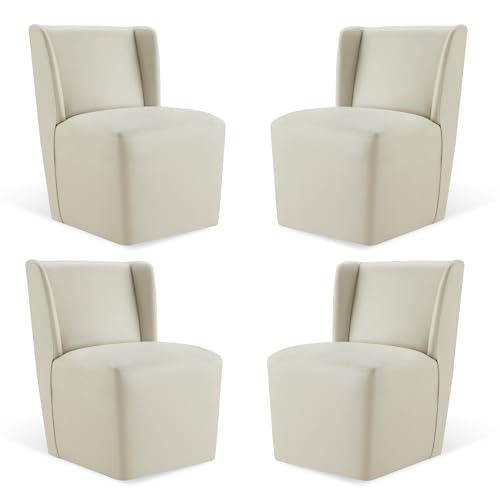 KISLOT Upholstered Dining Chairs Set of 4 with Casters, Wingback Modern Side Armless Deskchair with Rollers for Diningroom Bedroom Livingroom Reading Room, Cream Faux Leather