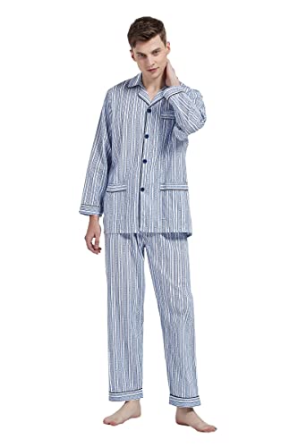 Men's 100% Cotton Pajama Set Long Sleeves Pjs Elastic High Waist Sleepwear3