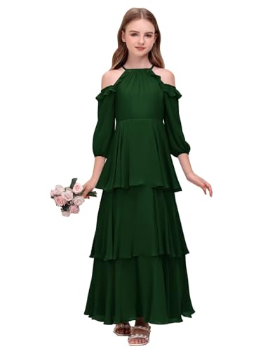 Chiffon Junior Bridesmaid Dress Tiered Halter Cold Shoulder Sleeve Long A-Line Princess Pageant Flower Girl Dress