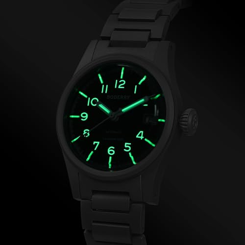 BODERRY Men's Watch Titanium Automatic Field Watch 38mm Military Watch Day Date Function 100M Waterproof with Nylon Strap Japanese NH35 Mechanical Movement & Screw Down Crown—LANDMASTER