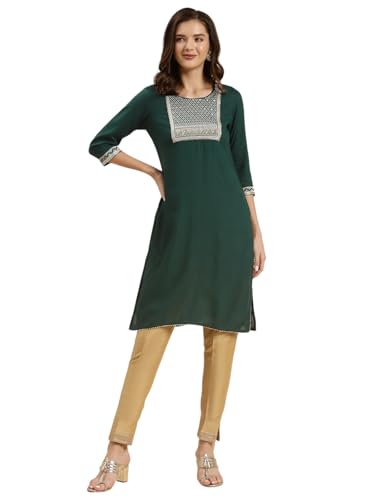 Image of rangita Green Rayon Knee Length Embroidered Straight Kurti for Women | Kurta for Women