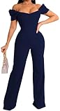 KnoInt Navy Blue Sexy Off Shoulder Jumpsuits for Women Elegant Plus Size Short Sleeve Party Clubwear Outfit Dressy High Waist Pants Long Wide Leg Back Zipper,Large
