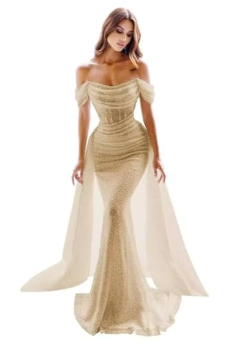 Sparkly Sequin Mermaid Prom Dresses for Women Long Off Shoulder Formal Evening Party Gown with Detachable Train