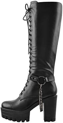 LISHAN Boots for Women, Lace Up Platform Chunky High Heel Motorcycle Combat Knee High Boots Removable Metal Chain Punk Boots Black Size 8