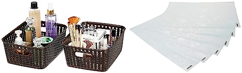 Image of Amazon Brand - Solimo Storage Basket, Set of 2, Medium, Brown, Plastic & Amazon Brand - Solimo PVC - Polyvinyl Chloride Fridge Multipurpose Mat, Circles, Set of 6, White