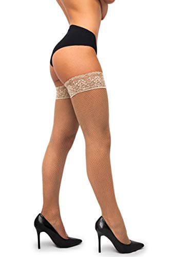 sofsy Fishnet Thigh-High Stockings - Lace Top Lingerie [Made In Italy] - Natural Beige - XS/S