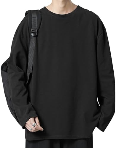 Eaxgo Men's Long Sleeve T-Shirt, 7.76 oz, 100 % Cotton, Long Sleeve T-Shirt, Long Tee, Large Size, Thick, Plain, Longy Tops, Round Neck, Loose, Layering, Neat, Fashionable, Autumn