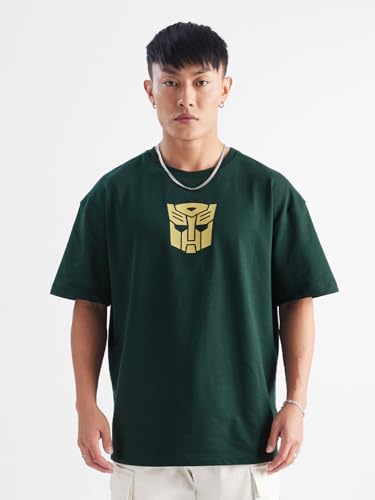 Image of The Souled Store Transformers: Bumblebee Mens & Boys Oversized Fit Graphic Printed Half Sleeve Cotton Green Oversized T-Shirts