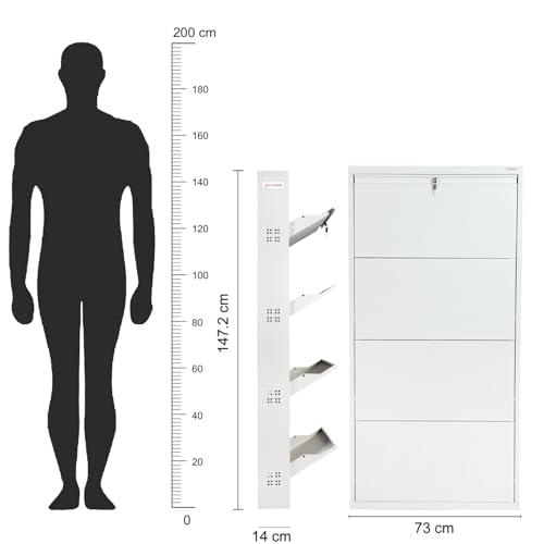 Image of TUFFERONE Shoe Rack Metal Heavy-Duty Cabinet 4-Door Wall-Mounted Organizer White Durable 4-Layer Footwear Stand for Home & Office 58 inch H x 29 inch W x 6 inch D