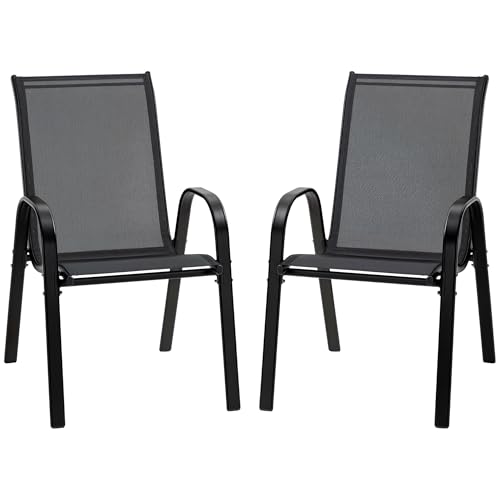 Outsunny Gartenstuhl 2er Set wetterfest Gartenstühle Stapelstuhl mit Armlehne Rückenlehne stapelbar Terrassenstuhl bis 120 kg belastbar Gartenmöbel für Hinterhof, Garten, Balkon Schwarz