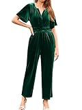 Simplee Womens Short Sleeve Wide Leg Velvet Jumpsuit Dressy V Neck Elastic Waist Formal Jumpsuits 2024 Winter Holiday Outfits Emerald Green,L