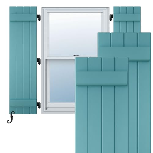 14"W x 46"H Americraft Four Board (2 Batten) Exterior Real Wood Joined Board-n-Batten Shutters (Per Pair), Pure Turquoise