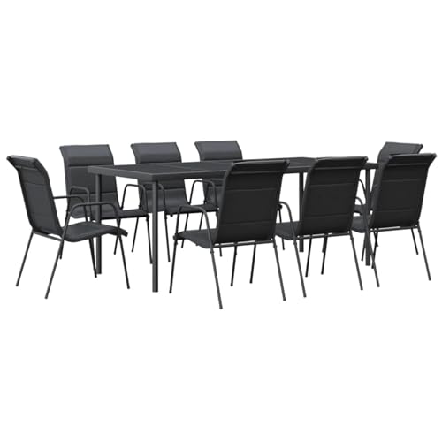 Gecheer 9-TLG. Garten Essgruppe 8 Personen, Gartenmöbel Set, Tisch mit Stuhl, Terassenmöbel, Gartengarnitur für Garten Terrasse, Schwarz Stahl und Textilene