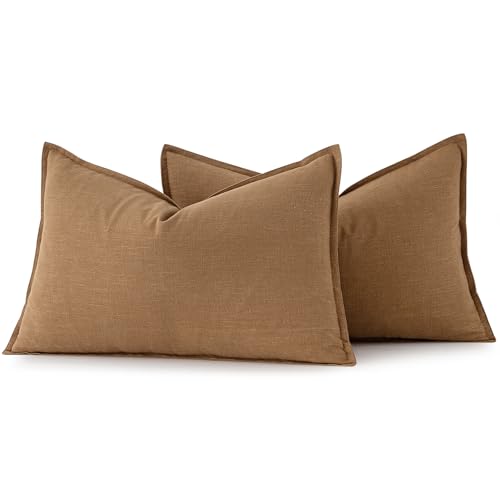 Image of MIULEE Decorative Linen Lumbar Pillow Covers 12x20 Inch Brown Boho Farmhouse Neutral Couch Throw Pillows for Bed Pack of 2 Accent Modern Pillowcase Sofa Livingroom Home Decor