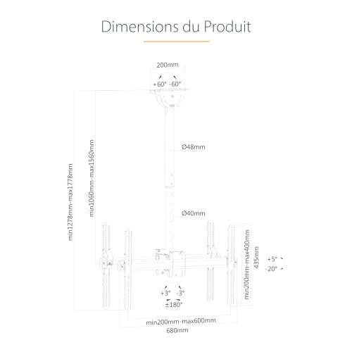 Support de plafond TV dos à dos orientable pour fixation écran suspendu 32-75 pouces - 7