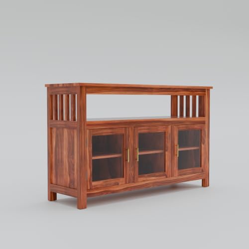 Image of Solid Sheesham Wood Sideboard for Living Room with Glass Doors | 3-Door Storage Unit & Open Display Shelf | Buffet Cabinet for Dining Room, Entryway & Hallway | Honey Finish | 140 x 40 x 82 cm