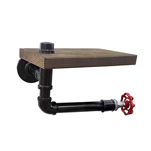 podafu Rustic Industrial Toilet Paper Holder with Wood Shelf Cast Iron Pipe and Red Faucet