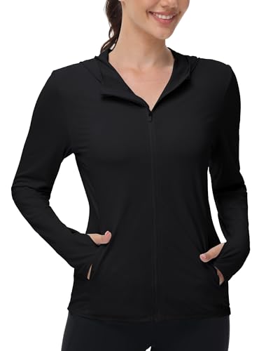 isnowood Womens UPF 50+ SPF Hoodie Jacket, UV Sun Protection Long Sleeve Full Zip Hoodies, Lightweight Athletic Shirts for Hiking Outdoor Workout Black