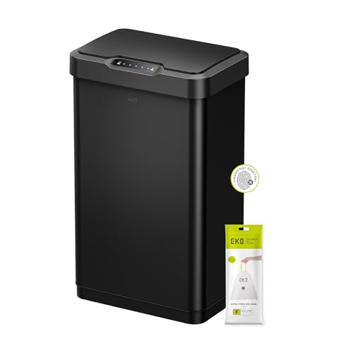 EKO Mirage-T Bote de basura rectangular con sensor de movimiento sin contacto de 50 litros, acabado de acero inoxidable cepillado (negro mate)