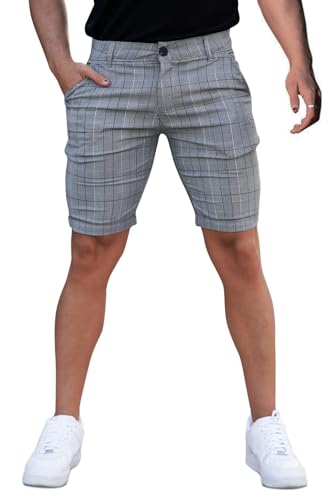 Image of GINGTTO Mens Slim Fit Shorts Plaid Chino Short Tapered Leg Skinny Stretch