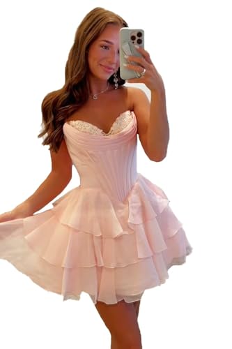 SEIM Strapless Tiered Homecoming Dress Lace Applique Corset Backless Short