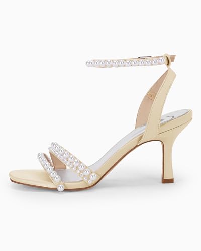 Image of Coutgo Womens Pearl Kitten Heels Sandals Square Open Toe Dress Sandals Ankle Strap Satin Wedding Party Summer Sandals
