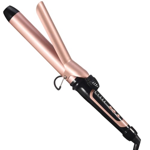 Lanvier 1.25 Inch Clipped Curling Iron with Extra Long Tourmaline Ceramic Barrel, Professional Hair Curler up to 450°F Dual Voltage for Traveling, Hair Waving Style Tool for Girls & Women-Rose Gold