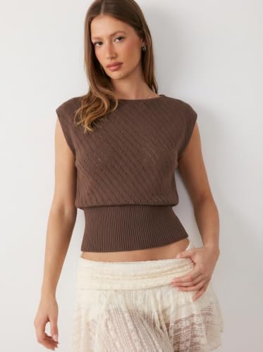 Image of CIDER Summer Short Sleeve Crop Sweater Vest Women Boat Neck Cut Out Tops | Cinched Waist, Light Weight, Ribbed Knit Tops, Hollow Out Crochet Vest, Going Out Trendy Tee