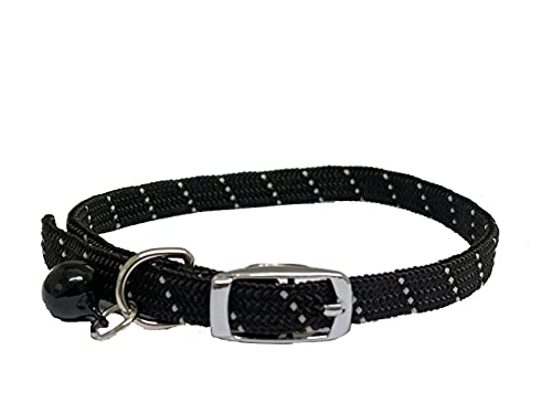 Collier réfléchissant en tissu doux pour chat/chaton avec élastique de sécurité et clochette avec dégagement de sécurité (Noir)