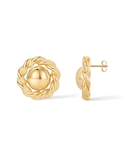 Image of PAVOI 14K Gold Plated Chunky Vintage Earrings for Women - Trendy Textured Ribbed Knot Geometric Triangle Rope Button Seashell Wing Dangle Drop Stud Earring